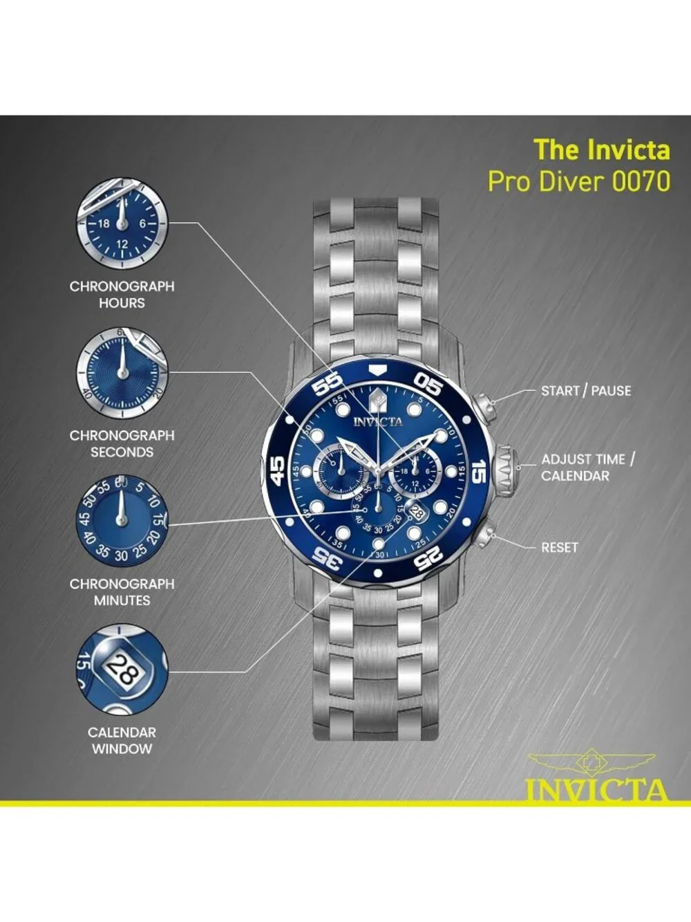 Men's Silver & Blue Pro Diver Collection Chronograph Stainless Steel Case Watch